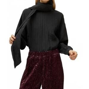 NEW COMPANIA FANTASTICA long sleeve satin crinkle with scarf top in black
